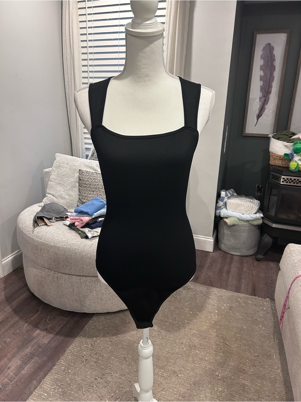 Sleek Black Ribbed Square-Neck Bodysuit